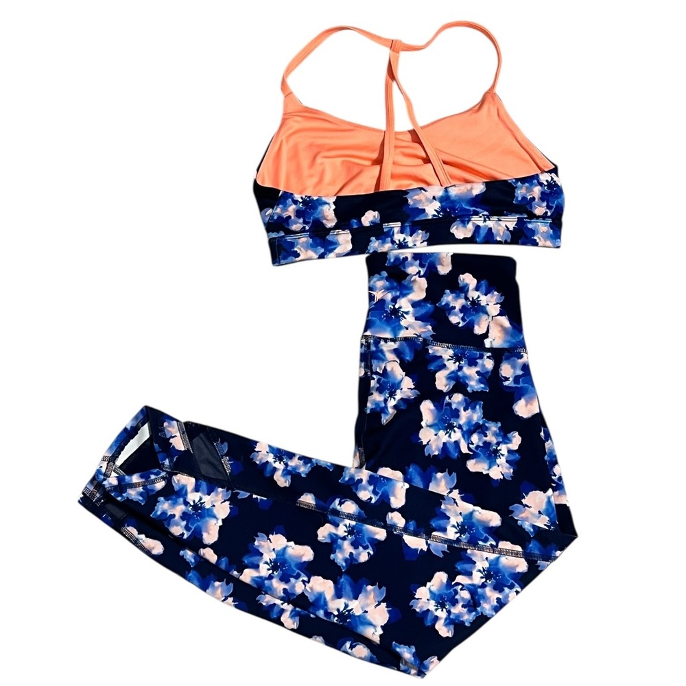 Old Navy Active GO DRY Floral Leggings Sports Bra 2pc‎ Workout Set Blue Pink (M)